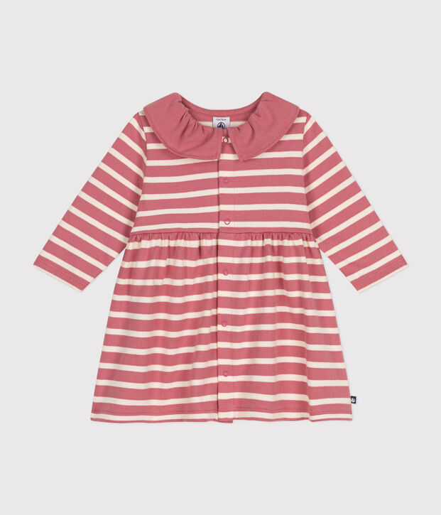 Babies' Long-Sleeved Thick Jersey Dress pink/ecru