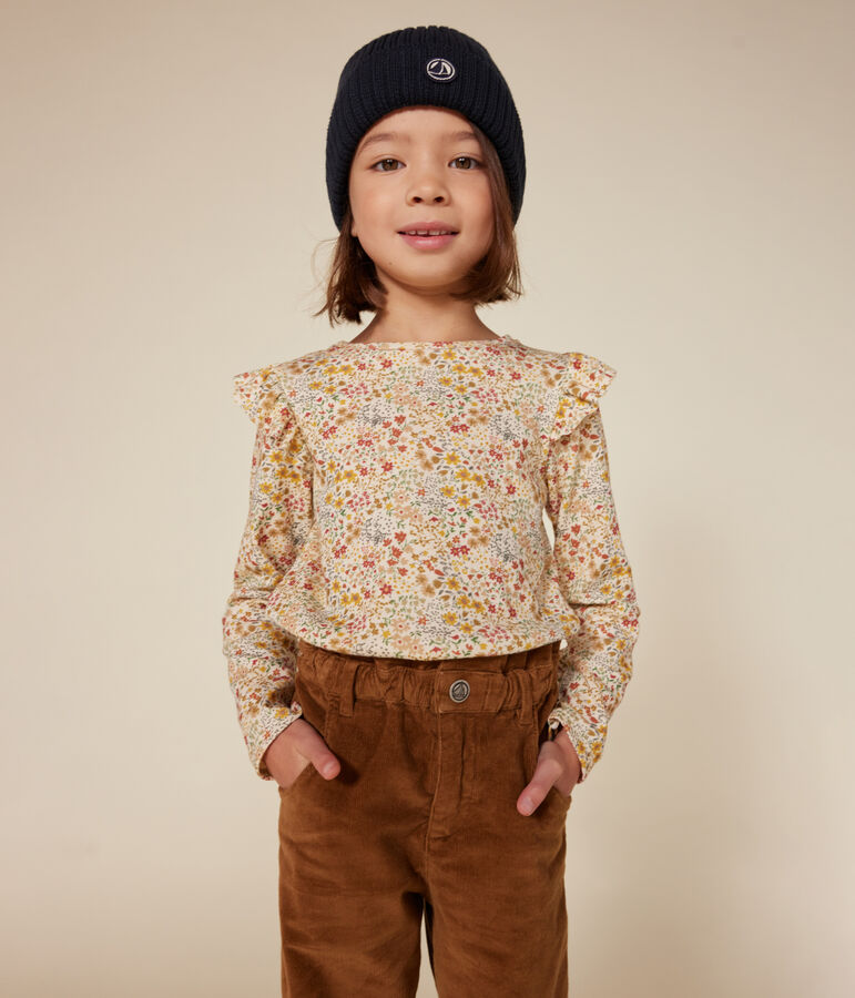 Girls' long-sleeved rib knit T-shirt Ecru/multicolor