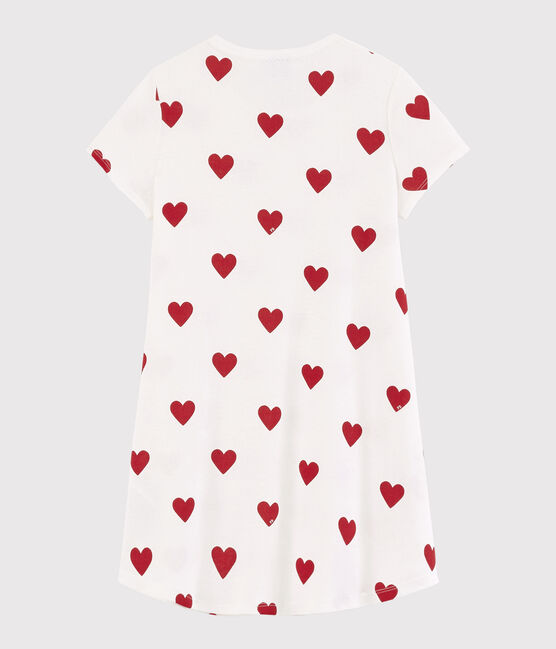 Girls' Heart Patterned Cotton Nightdress MARSHMALLOW white/TERKUIT red