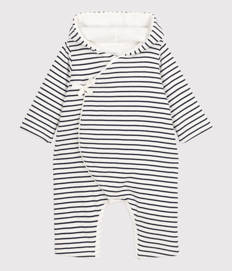 Babies' Hooded Sailor Striped Cotton Jumpsuit MARSHMALLOW white/SMOKING blue