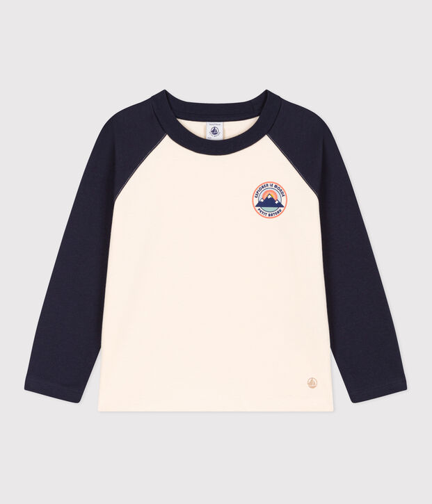 Boys' long-sleeved cotton T-shirt Ecru/blue
