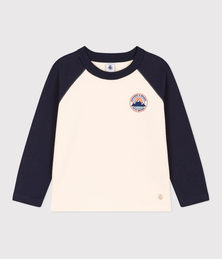 Boys' long-sleeved cotton T-shirt Ecru/blue