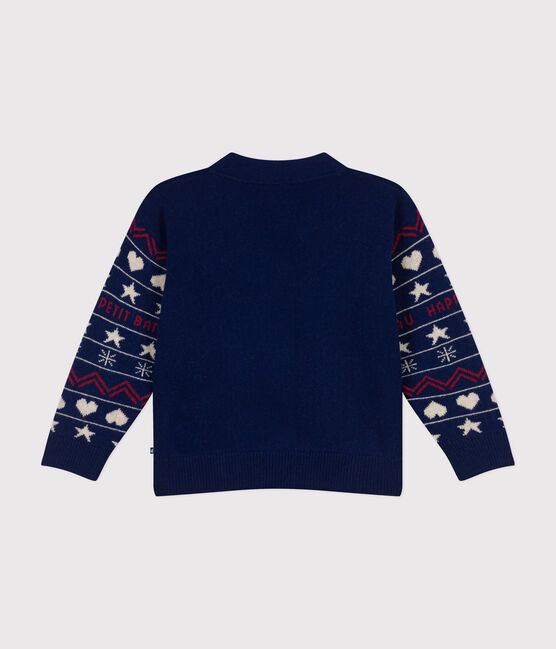 Boys' wool jacquard and cotton cardigan MEDIEVAL blue/MULTICO white