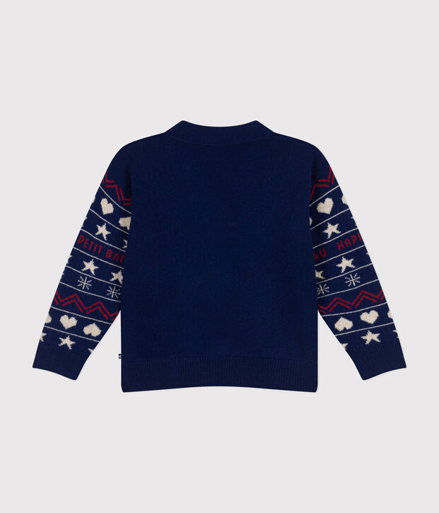 Boys' wool jacquard and cotton cardigan blue/multicolor