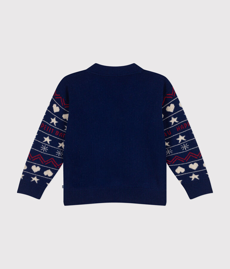 Boys' wool jacquard and cotton cardigan MEDIEVAL blue/MULTICO white