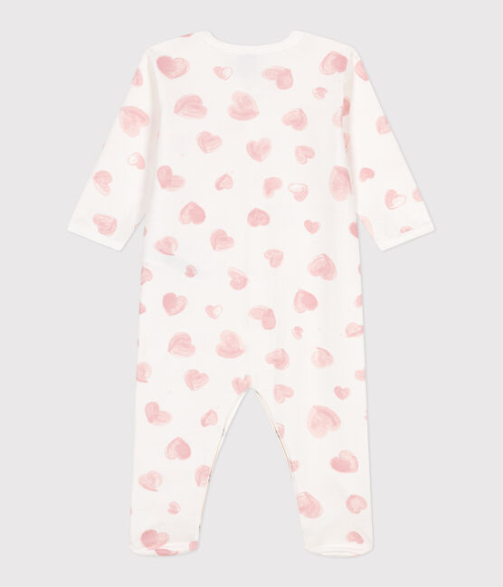Babies' brushed fleece heart-print pyjamas with a collar MARSHMALLOW white/CHARME pink