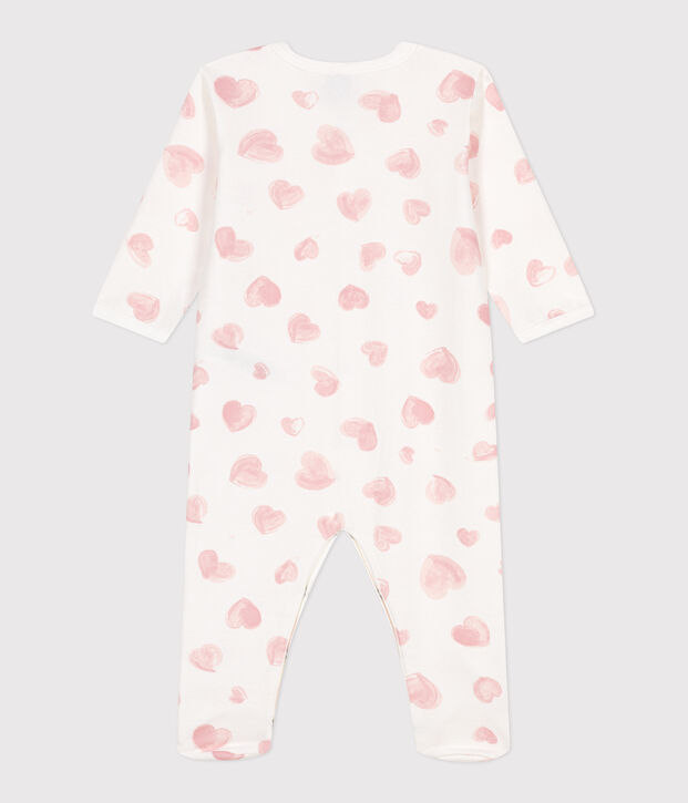 Babies' brushed fleece heart-print pyjamas with a collar white/pink