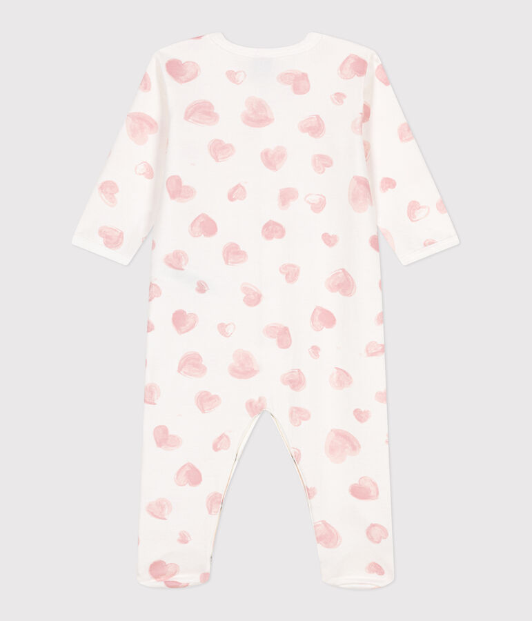 Babies' brushed fleece heart-print pyjamas with a collar white/pink
