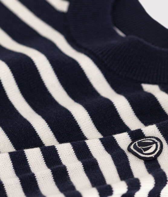 Children's Striped Wool and Cotton Pullover SMOKING blue/MARSHMALLOW white
