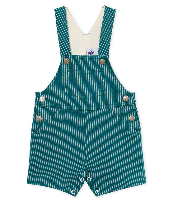 Baby boys' striped jersey short dungarees OLIVIER green/MARSHMALLOW white