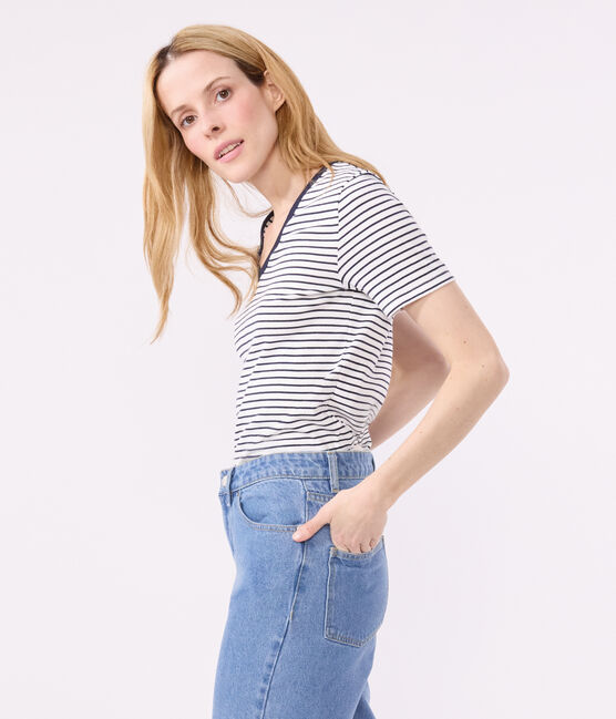 Women's Iconic Striped Cotton V-neck T-Shirt MARSHMALLOW white/SMOKING blue
