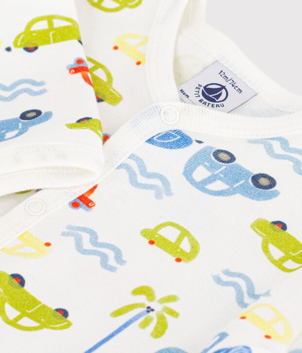 Babies' footless cotton pyjama suit with a motor car print white/multicolor