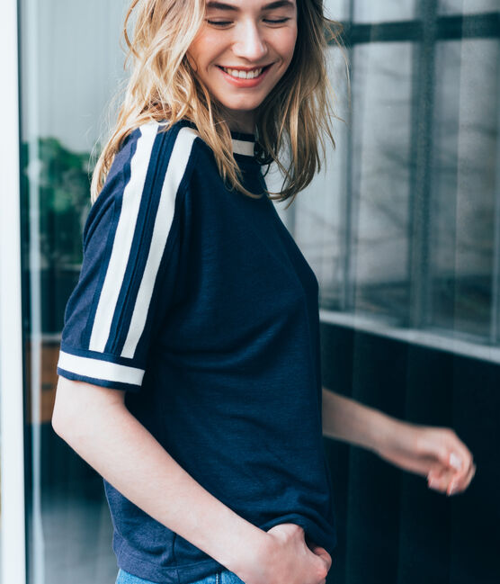 women's short sleeved tee-shirtin shiny linen SMOKING blue