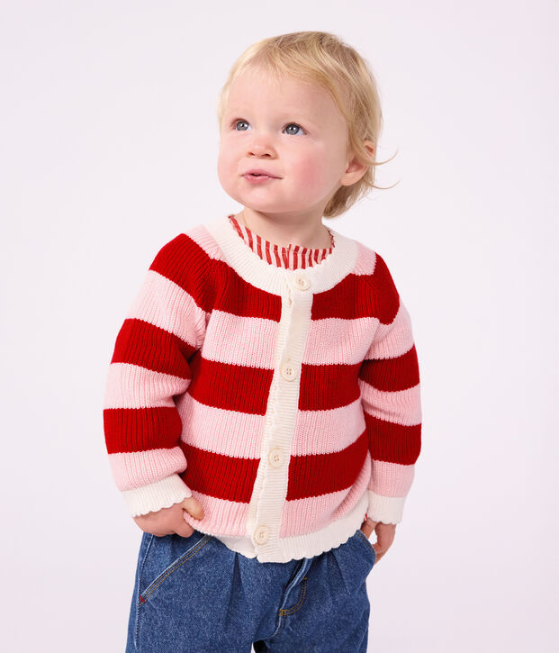 Babies' cardigan in stripy cotton pink/pink