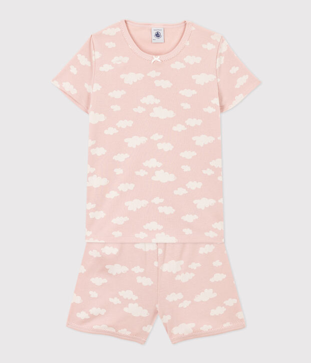 Girls' Cloud Patterned Short Cotton Pyjamas pink/white