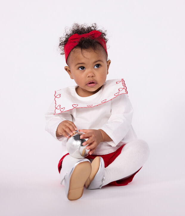 Babies' long-sleeved cotton poplin blouse with embroidered hearts white