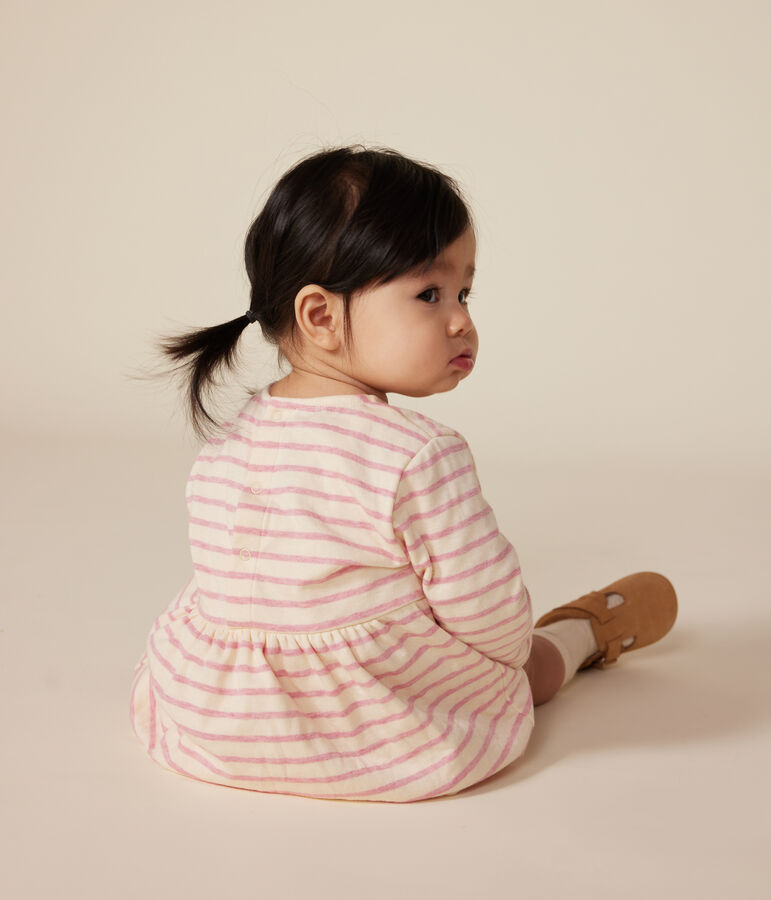 Babies' long-sleeved tube knit dress Ecru/pink