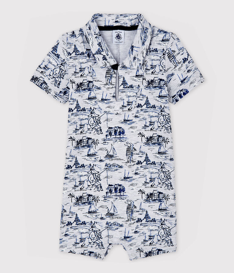 Baby boys' printed fleece playsuit POUSSIERE grey/SMOKING blue