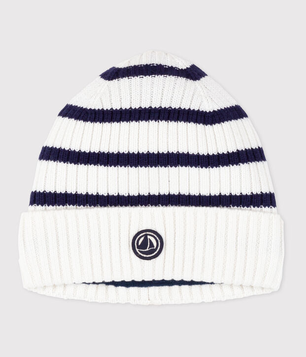 Children's stripy knitted beanie hat lined in polar fleece blue/blue