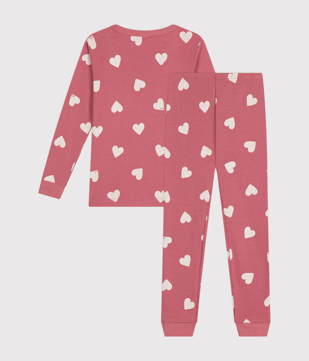 Children's fitted cotton heart print pyjamas pink/ecru