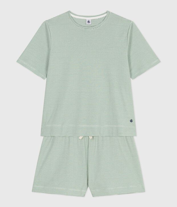 Women's short stripy cotton pyjamas green/white