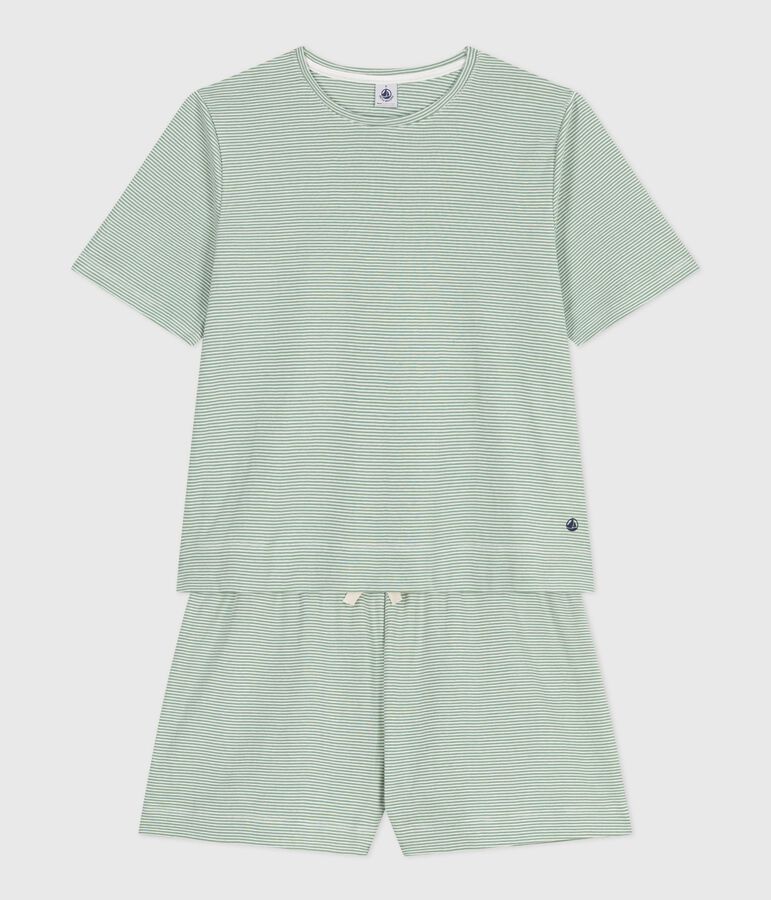 Women's short stripy cotton pyjamas green/white