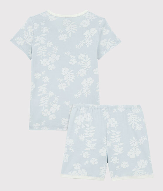 Girls' Blue Hawaiian Cotton Short Pyjamas PLEINAIR /MARSHMALLOW