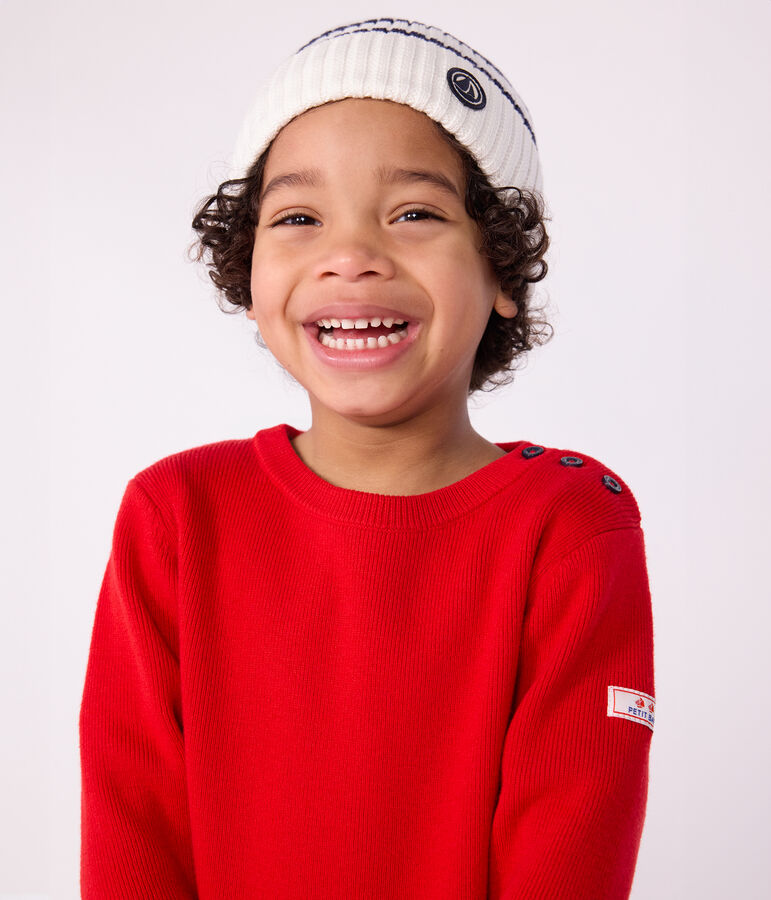 Children's stripy knitted beanie hat lined in polar fleece white/blue