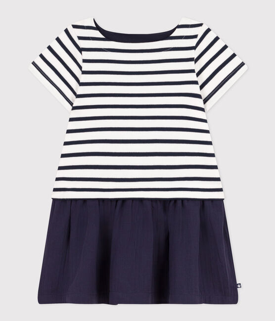 Little Girls' Short-Sleeved Thick Jersey and Cotton Gauze Dress MARSHMALLOW white/SMOKING blue