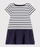 Little Girls' Short-Sleeved Thick Jersey and Cotton Gauze Dress MARSHMALLOW white/SMOKING blue