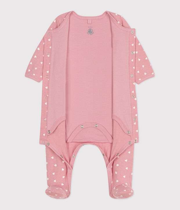 Babies' bodyjama in small heart print tube knit pink/white