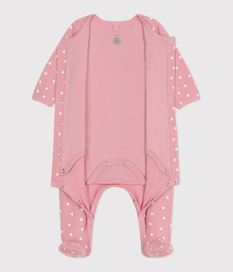Babies' bodyjama in small heart print tube knit pink/white