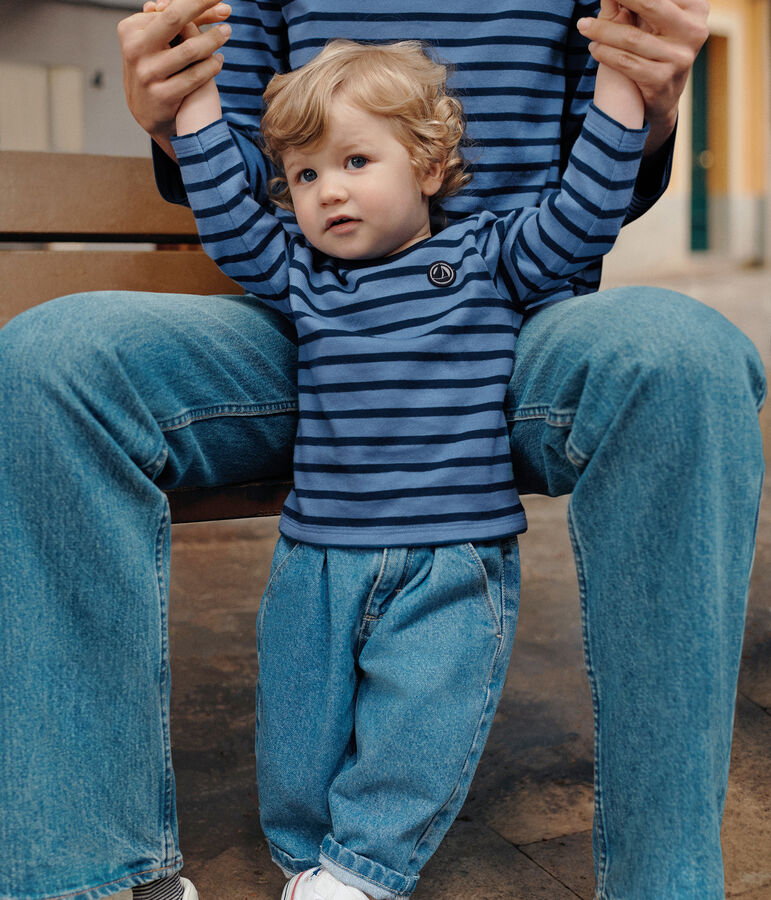 Babies' thick cotton Breton top BEACH blue/MEDIEVAL