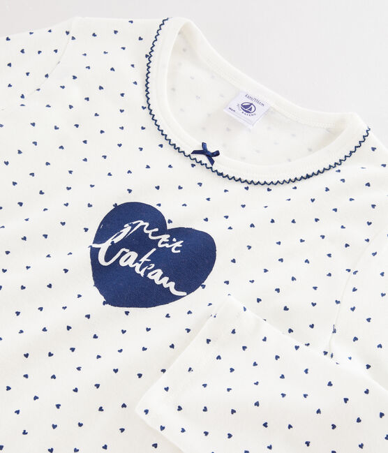 Girl's mini-hearts ribbed nightdress MARSHMALLOW white/MEDIEVAL blue