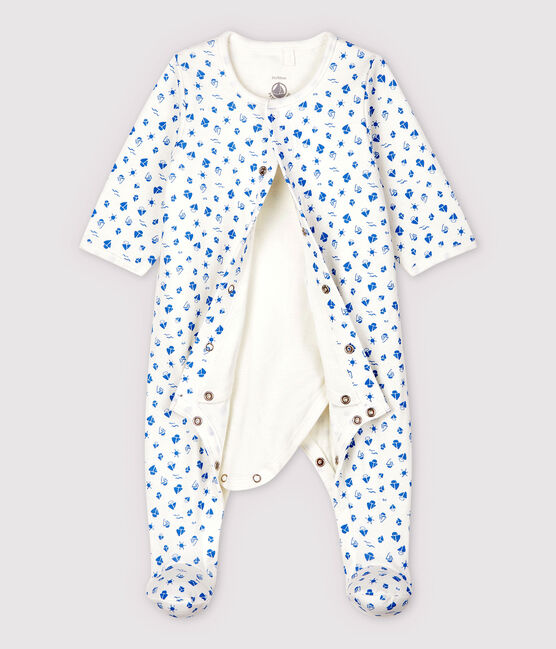 Babies' Boat Print Organic Cotton Tube Knit Bodyjama MARSHMALLOW white/COOL blue
