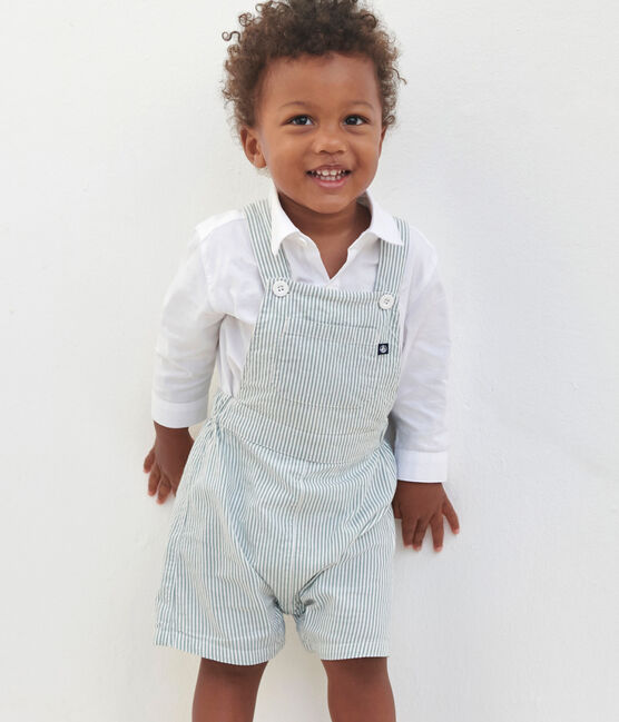 Babies' short-legged stripy cotton dungarees MARSHMALLOW white/BRUT blue