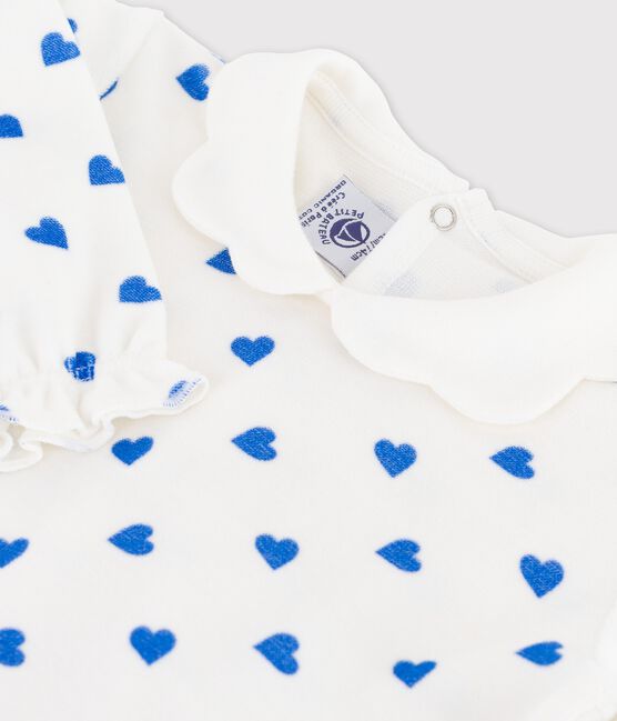 Babies' Small Blue Heart Patterned Velour Sleepsuit MARSHMALLOW white/BRASIER blue