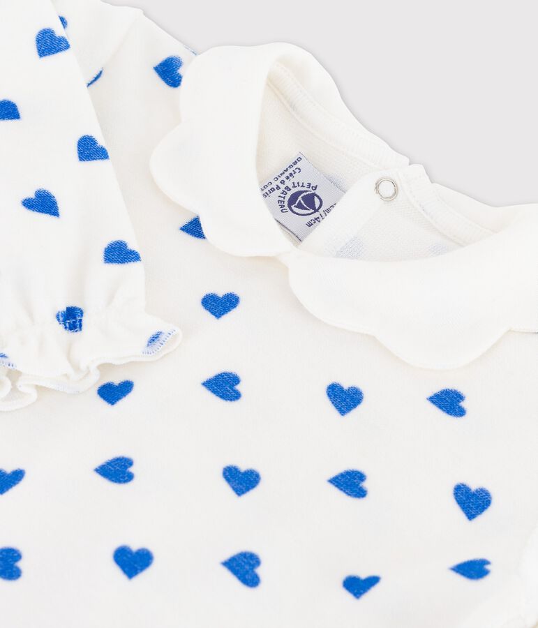 Babies' Small Blue Heart Patterned Velour Sleepsuit white/blue
