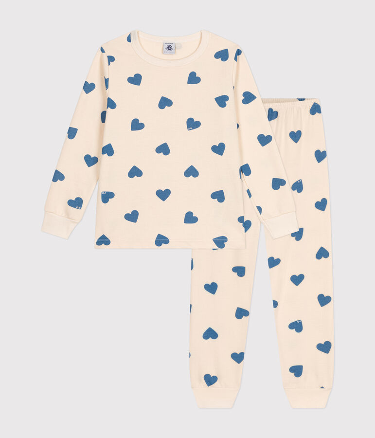 Children's pyjamas in heart print brushed fleece Ecru/blue