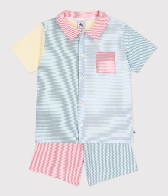 Children's short stripy buttoned cotton pyjamas MARSHMALLOW white/MULTICO white