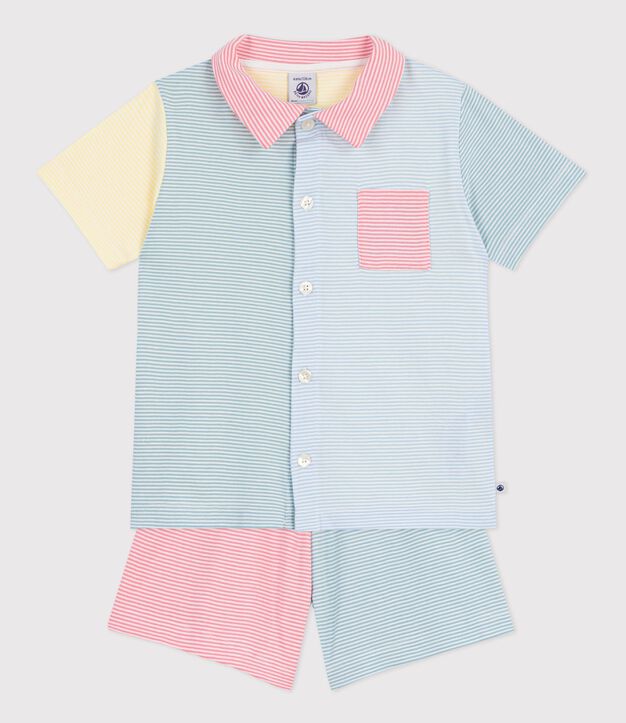 Children's short stripy buttoned cotton pyjamas white/multicolor