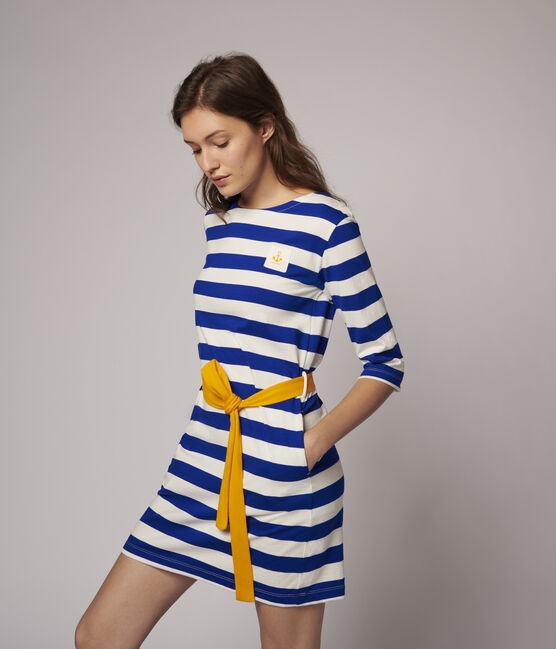 Women's Long-Sleeved Stripy Dress SURF blue/MARSHMALLOW white