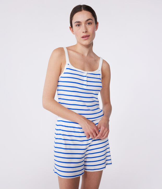 Women's short, stripy, strappy pyjamas white/blue
