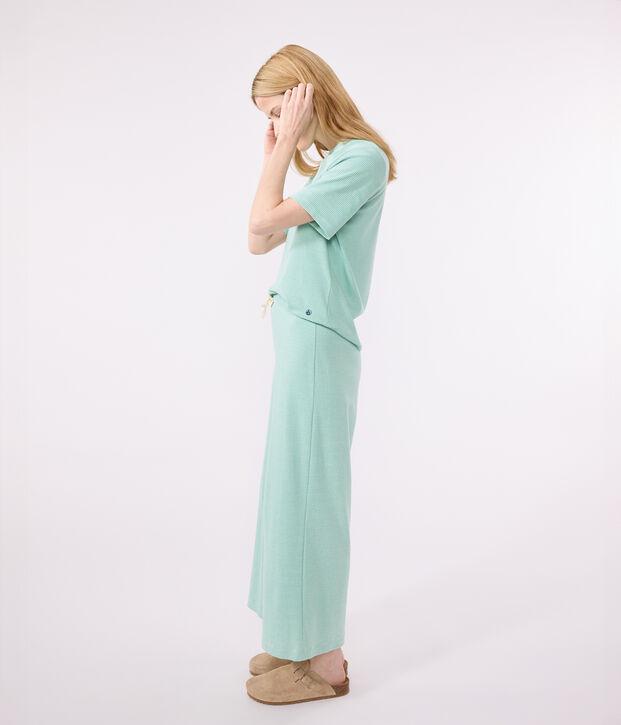 Women's wide-leg stripy cotton pyjamas green/white