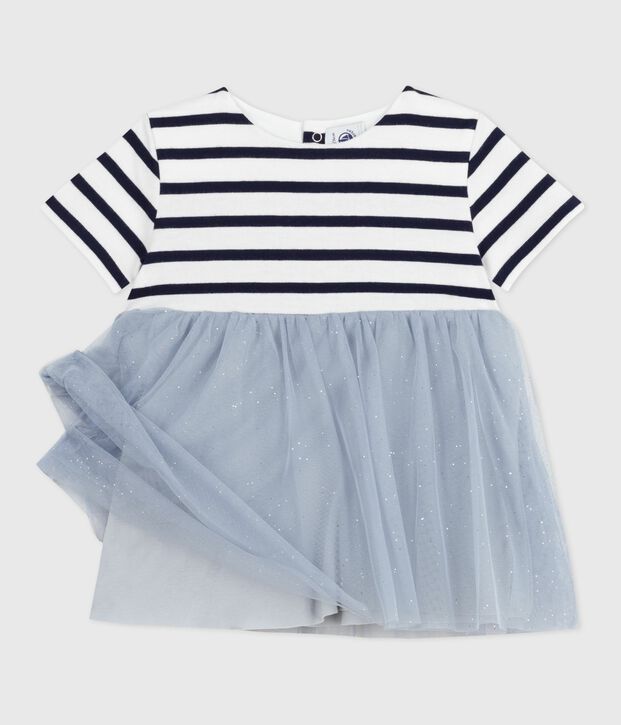 Babies' short-sleeved dress in two materials blue/multicolor