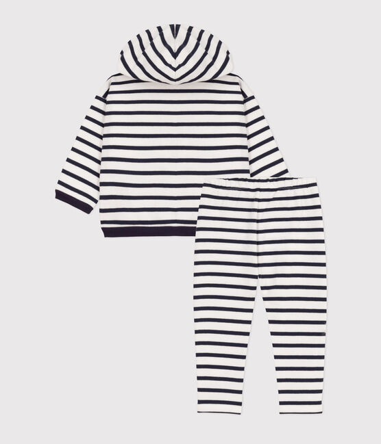 Babies' Thick Stripy Jersey Breton Outfit MARSHMALLOW white/SMOKING blue