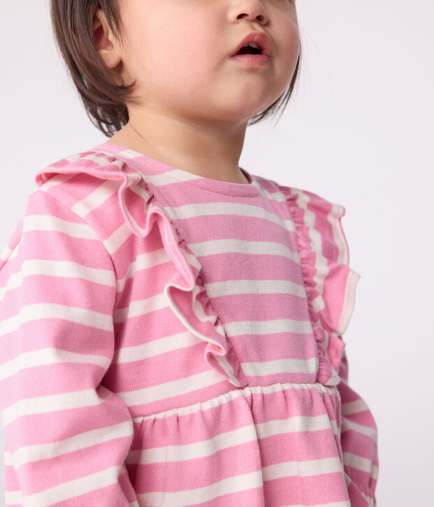 Babies' long-sleeved stripy cotton dress pink/ecru