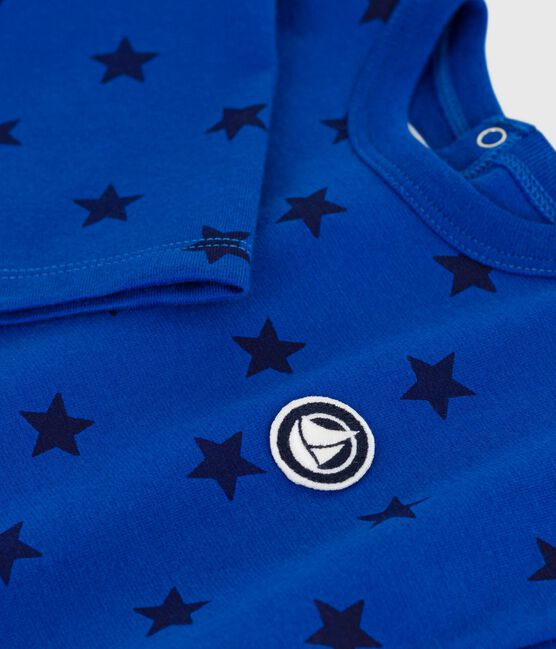 Babies' long-sleeved star-print cotton T-shirt OLYMPIC blue/SOIR