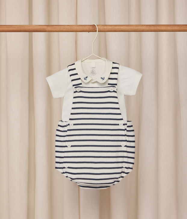 Babies' two-piece set in stripy cotton with embroidered details white/blue