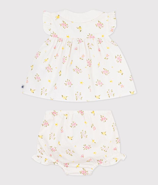 Babies' 2-piece cotton outfit, comprising  blouse and bloomers with a floral print white/multicolor